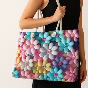 Colorful Flower Tote Bag – Large Floral Shoulder Bag for Everyday Use